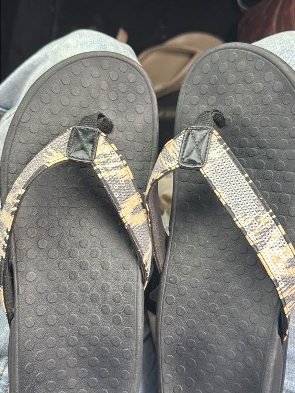 IONIC Black Flip Flop Sandals with Patterned Straps